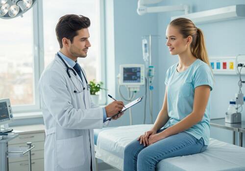 Doctor consulting with a patient in a bright, modern clinic
